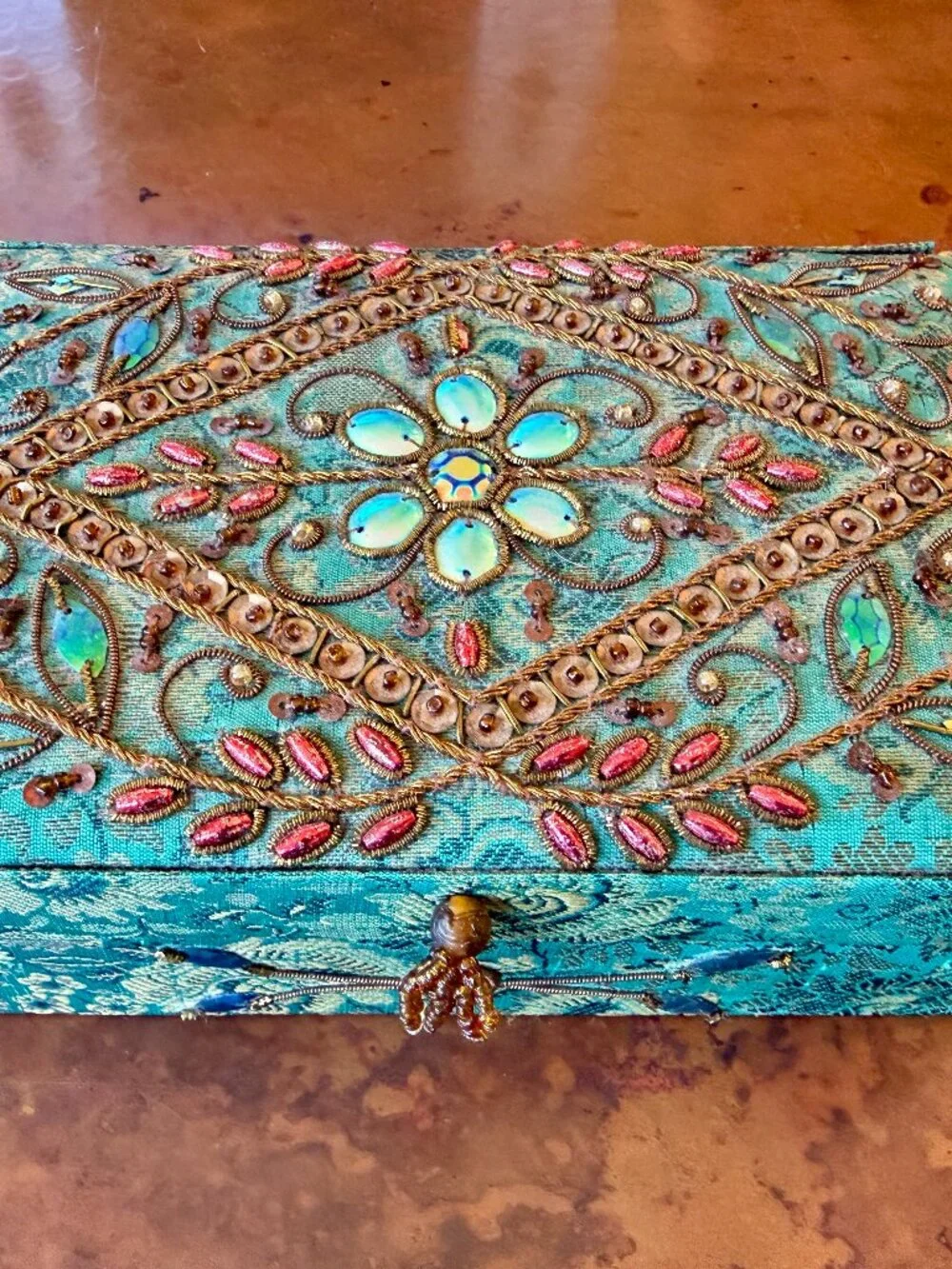 Turquoise Beaded Embroidered Jewelry Box Mirror Trinket Case 7.5 x 5 x 2.5